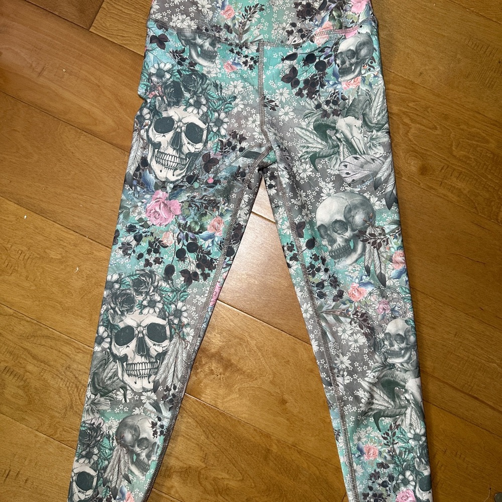Evolution and Creation skull floral Gray and Green Leggings with Stretchy Fit